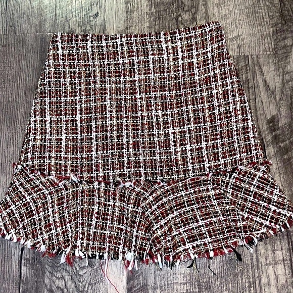NWT Tartan Plaid Tweed Mini Skirt Womens Large Metallic Ruffle Drop Waist Frayed - Picture 7 of 16